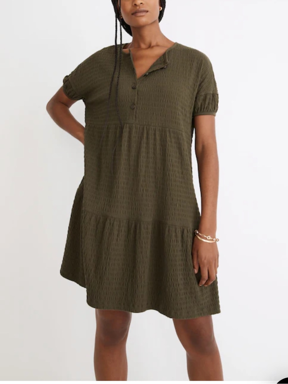 Madewell Olive Green Crinkle Knit Short Sleeve Tiered Dress